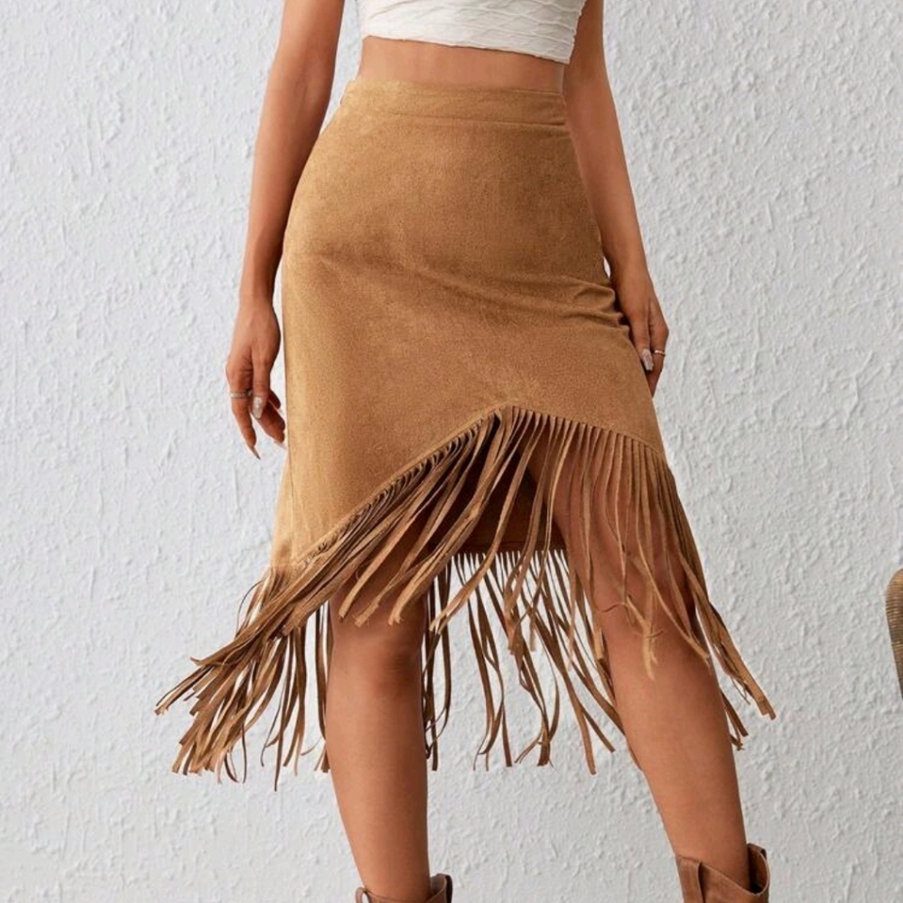 Fringe Trim Asymmetrical Hem Skirt - Picture 4 of 5